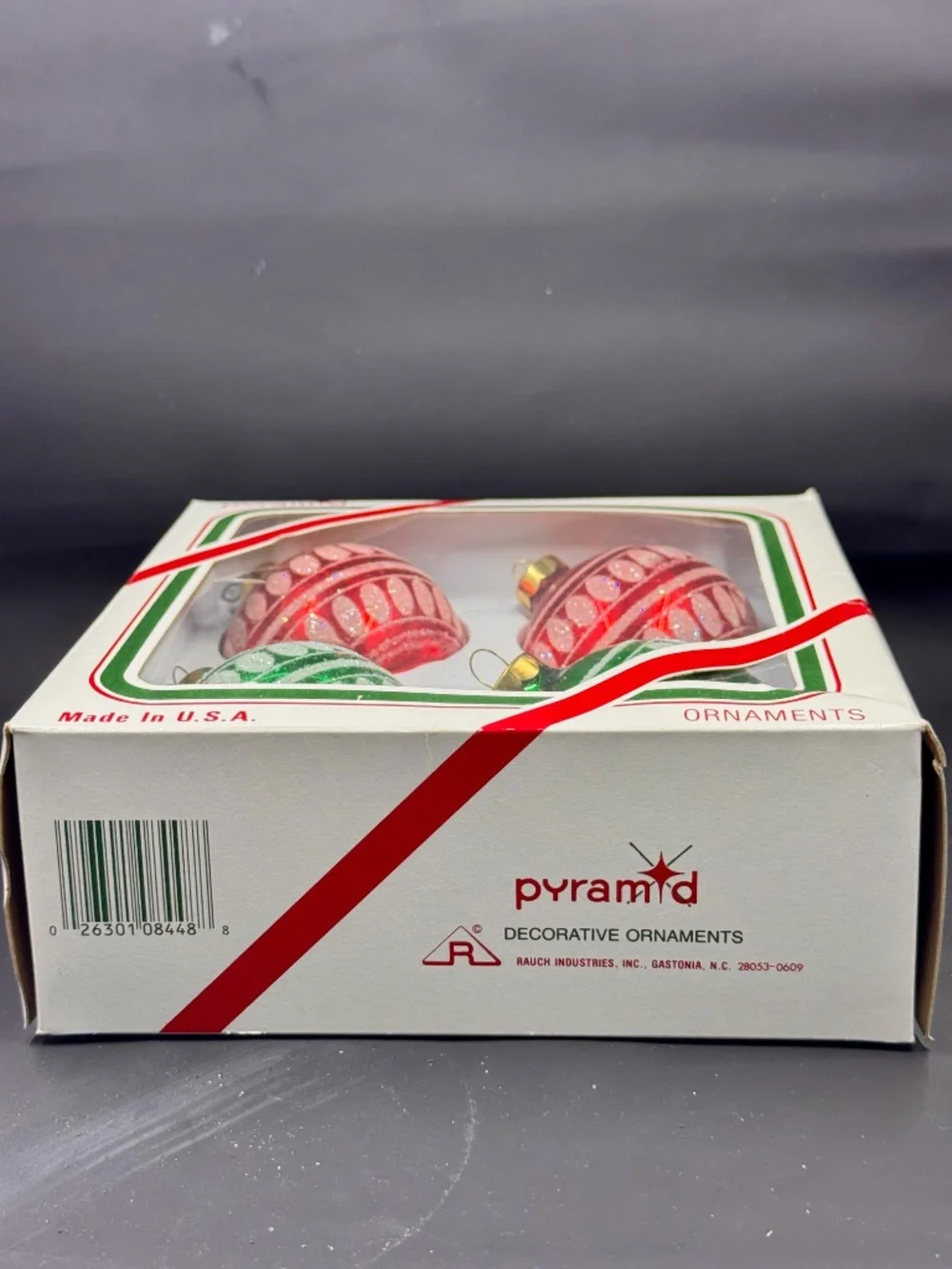 Vintage Set of Four Rauch Red and Green iridescent accents Christmas Ornaments